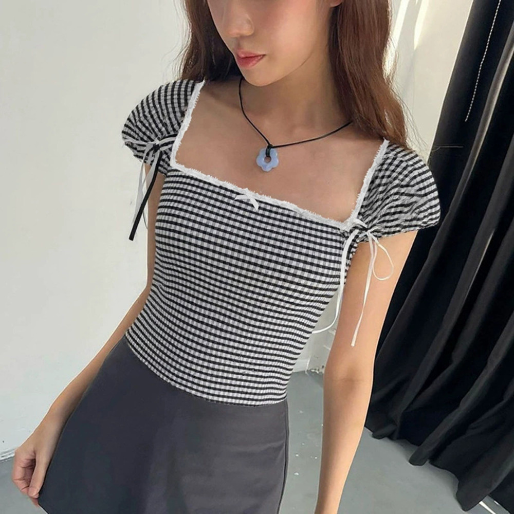 Zara Summer Square Neck Short Sleeve Plaid Bow Blouse